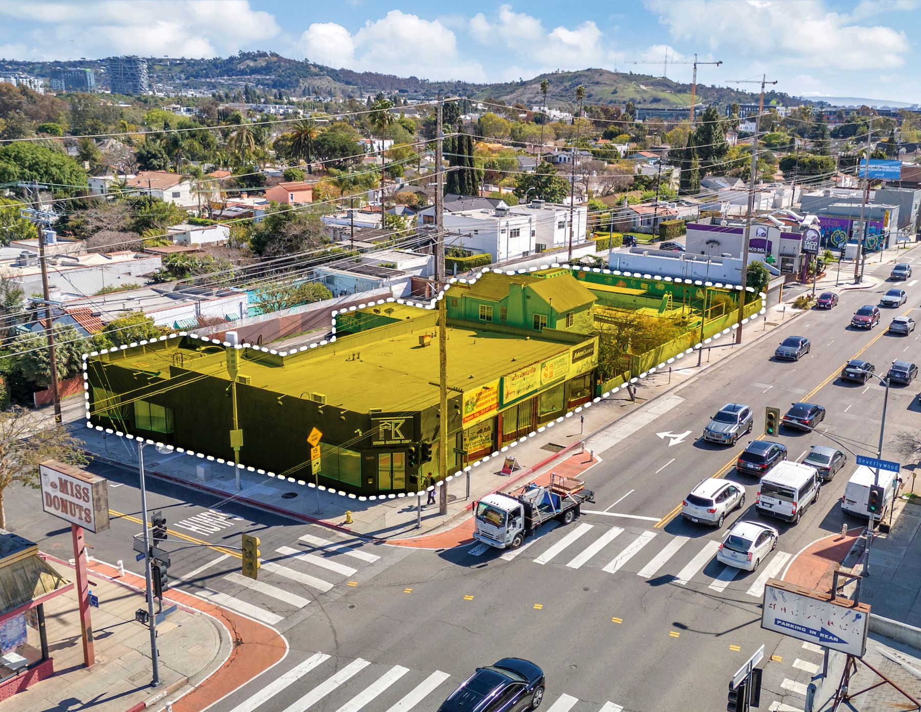 Elevated corner-angle aerial of the subject site